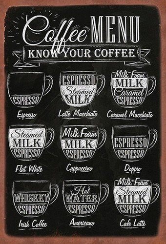 Blechschild 20x30 coffee menu - blechschild,